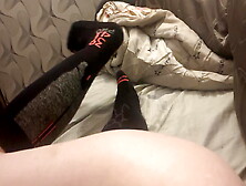 Young Twink Femboy Shows Smooth Legs In Stockings And Jerks Off Small Dick