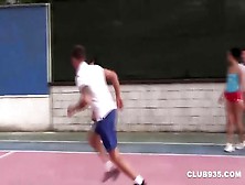 Euro Chick Crashes A Tennis Game