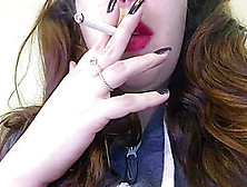 Hot Chubby Brunette Teen Smoking Cork Tip Cigarette In Bright Red Lipstick
