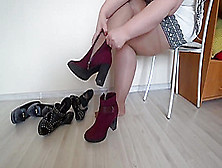 Thick Legs In Nylon Try On Shoes With High Heels.
