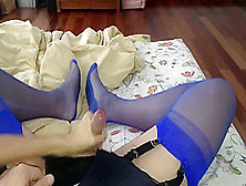 Husband In Blue Stocking Leotard Gets Hand Job From His Nylon Bitch