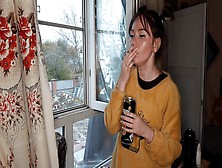 Stepsister Smokes A Cigarette And Drinks Alcohol