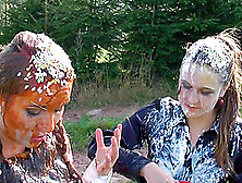 Stunning Vixens Have An Arousing Food Fight On The Farm In A Close Up Shoot