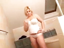 Busty Blonde White Bra & Panties Bathroom Solo