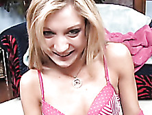 Tattooed Blonde Teen Babe In A Pink T-Shirt Rubbing A Schlong In Her Hands