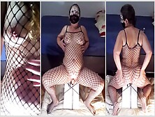 Exhibitionist In Fishnet Catsuit,  Front And Reverse Doggystyle