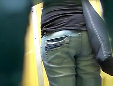 Woman Pulls Jeans Pants And Pees