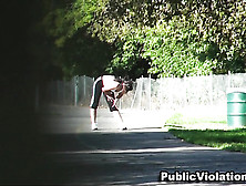 Curvy Woman In Workout Gear Is Recorded While She Stretches And Runs In A Public Park.