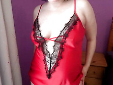 Wife Playing With Herself In Red Silk And Black Lace Nighty