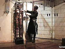 Brunette Slut In Chain Gets Tortured With Tight Cage,  Tube Bondage,  Fucking Machine And Vibrator