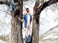 Masked Gay Twink Wanking His Stiff Cock Solo Next To Old Elm Trees