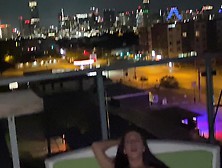 Public Rooftop Mff Threesome Outside While The Cops Are Right Below