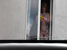 Sexy Milf Frina In Dressing Gown Without Panties And Bra Washes Windows Of Apartment And Is Not Shy About Random Taxi Driver On