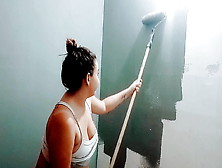 My Stepsister's Bitch Paints The Room Almost Naked,  What A Great Ass She Has And Her Breasts Look Delicious