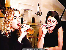 Blonde Doll And Her Brunette Friend Drinking Beer And Smoking To Get High