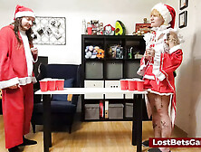 Blonde With Big Body Tattoos Playing Strip Games In A Santa Outfit