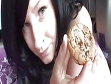 Nasty Busty Slut Eats Cum Load Off A Cookie