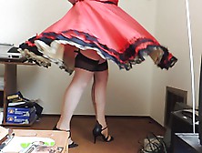 Sissy Ray In Red Taffeta Skirt And Gold Petticoat