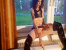 Horny Whore Fucks Herself With The Baseball Bat At The Window For The Neighbors