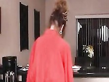 Large Titted Woman In Red,  Satin Robe Is About To Have Sex In The Kitchen