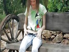Ultra Slim Girl Fingering On A Bench