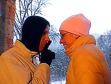 Girlfriend With Glasses Gives Outdoor Blowjob On A Snowy Day