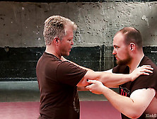 Dudes In Sweatpants And Shirts Demonstrate Grappling And Takedowns For Bdsm Play.