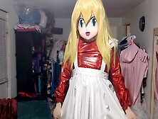 Stunning Blondie Indulges In Kinky Costume Play With Layered Kigurumi Outfit And Holographic Pvc Dress