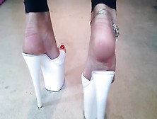 Hot Doll Posing In Super Sexy White Mules With 18Cm Long Heels