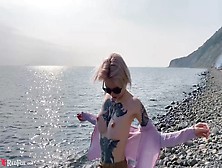 Blonde Public Oral Sex Dong And Jizz In Mouth By The Sea - Outdoor