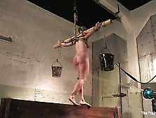 Ponytailed Blonde Slave With Natural Tits Bound To The Stick Tortured With Baskets With Water