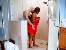 Bald Boy Relaxes In The Bathroom Together With Curvy Black Diva