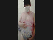 Chubby Femboy At Shower In Cute Swimsuit