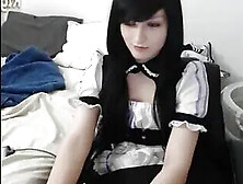 Black Haired Maid Uniformed Tranny Tugging Her Small Cock On Webcam