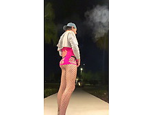 Sissy Smoker Cd Sub Shows Off In Ass Out Pink Stripper Dress & Fishnets By Public Road Flashing & Smoking