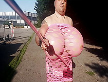 Public Outdoor Walk With Huge Tits In A Fishnet Dress And Overknee High Heels - Crossdresser Sissy Half Naked In Fetish