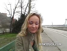 Blonde Slut Public Fingering Up Her Skirt<->