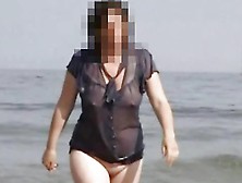 Wife Wearing A See-Thru Top In The Surf At Studland.