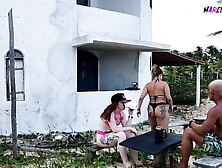 Camera Placed In A Beach Hut Records Two Bbw Girls With Big Asses Fucking A Guy With Dyed Blonde Hair
